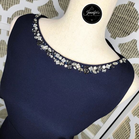 Vince Camuto Navy Blue Embellished Open Ruffle Back Crepe Gown Size 12 - Picture 2 of 16